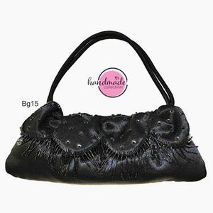 ADIR Black Satin Evening Bag Purse Dual Handles Scalloped Edges Sequin Tassels